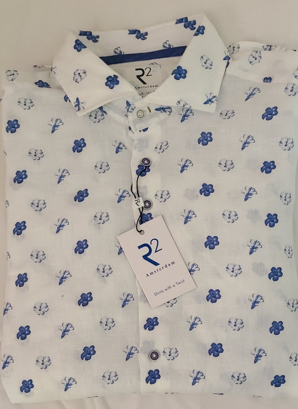 R2 White Button-Down Linen Shirt with Blue Floral Print